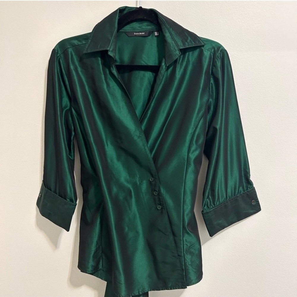 Zara Women's Emerald Green Wrap Top with Belt, Size Large